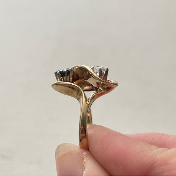 Vintage 14kt Gold European Cut Diamond & Blue Diamond Sz 7.75 Toi Et Moi Ring - Picture 3 of 11